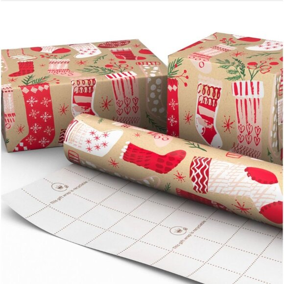 Hallmark Wrapping Paper Christmas Stockings on Kraft 90 sq ft Jumbo Roll Holiday - Picture 2 of 5